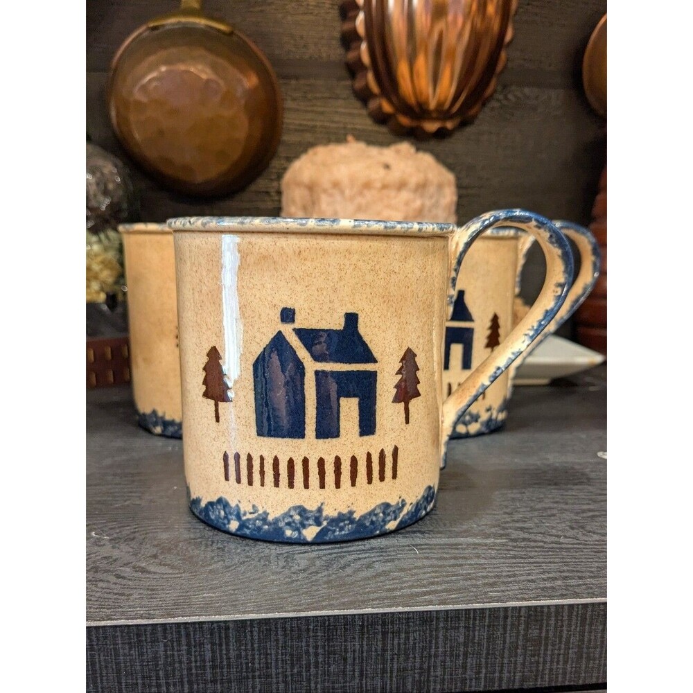 Bell Brook Ohio Pottery Spongeware Mugs Set of 4 Vintage 1985